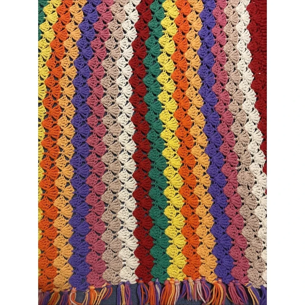 Handmade Crochet Blanket Afghan 63x43 Inches Multicolored Shell Or Fan Stitch